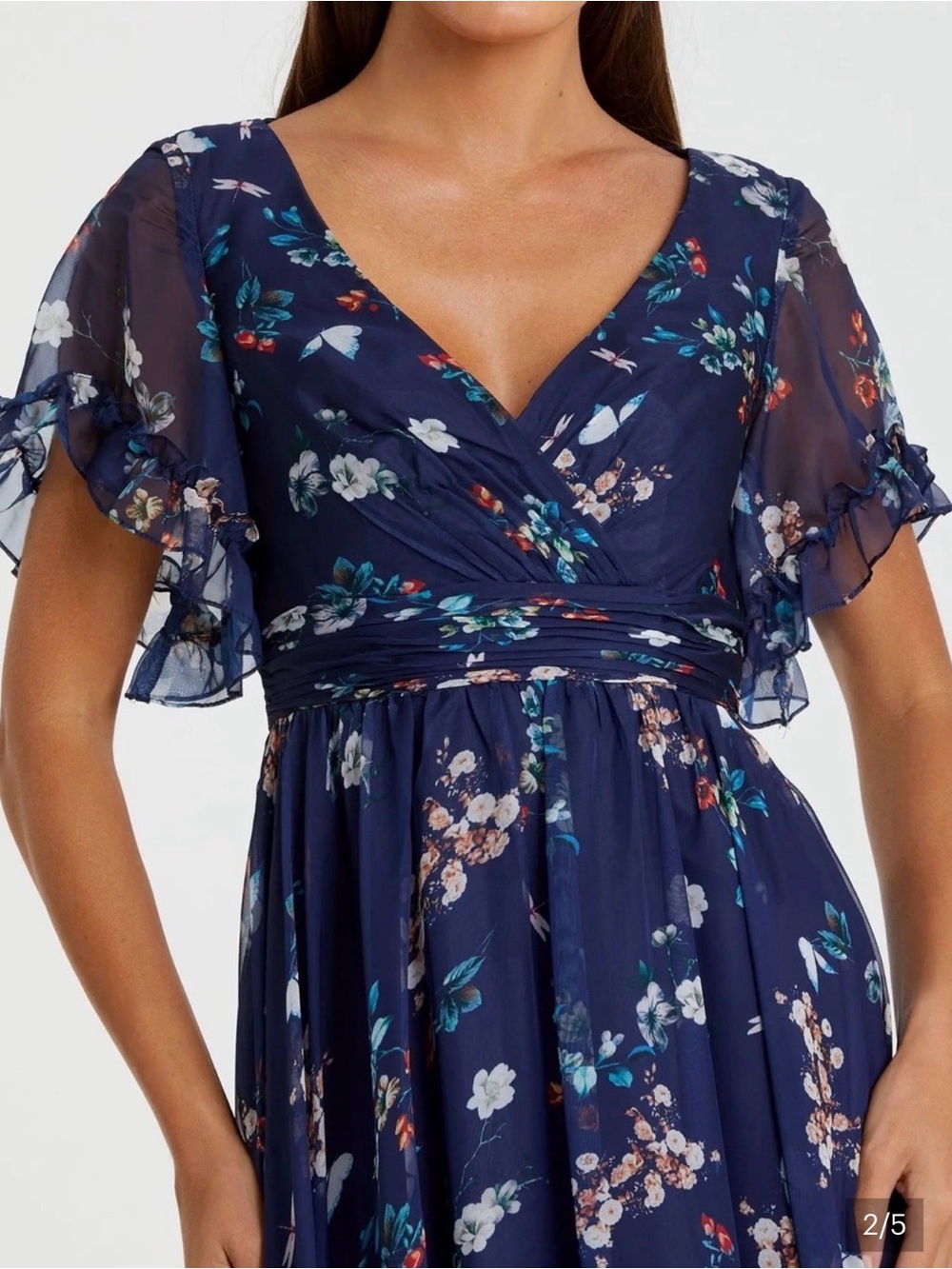 Mac Duggal Navy Floral Wrap-Front Maxi Gown - Picture 2 of 5